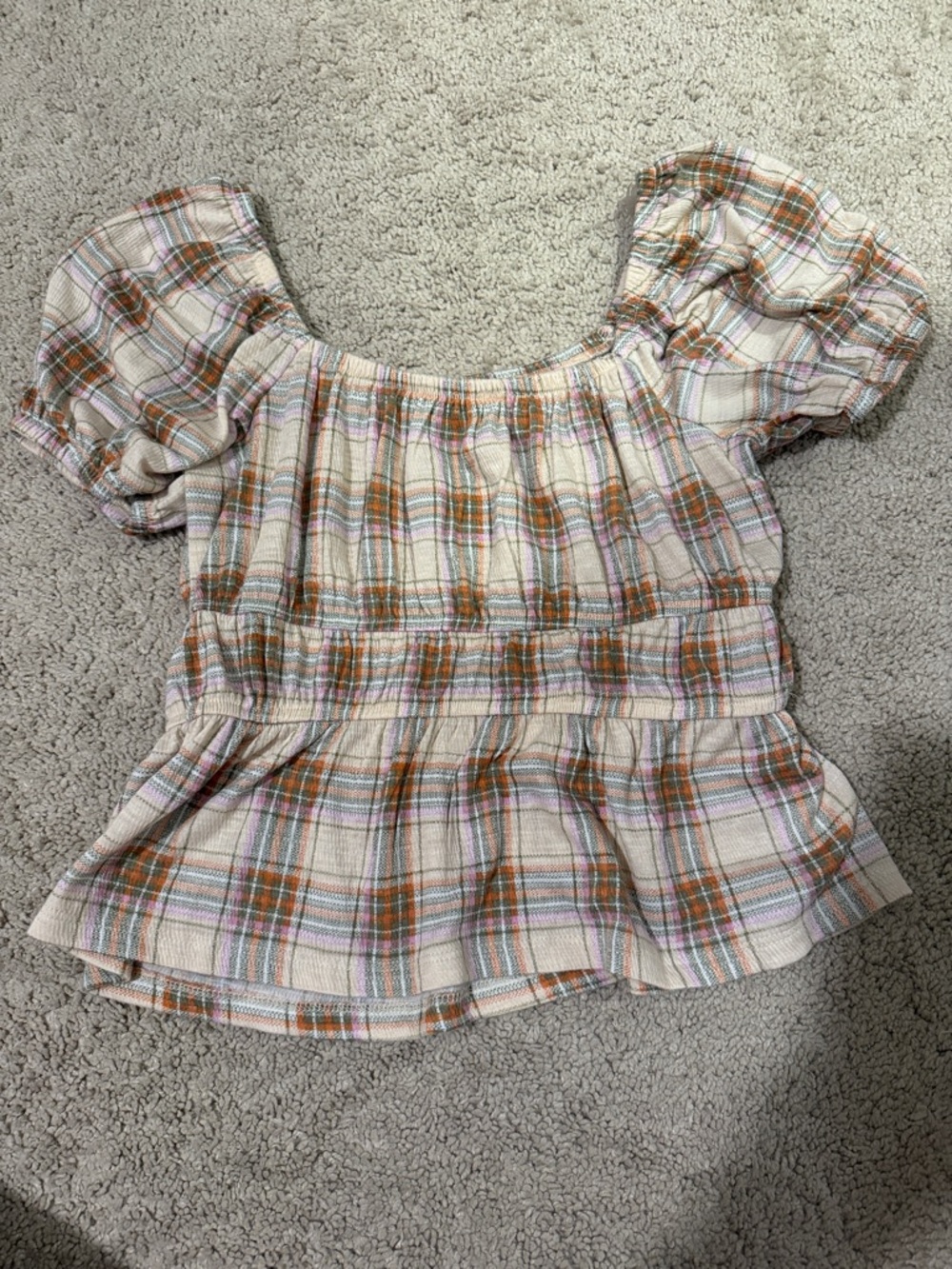 Daisy Plaid Puff-Sleeve Peplum Top in Cream, Orange and Pink
